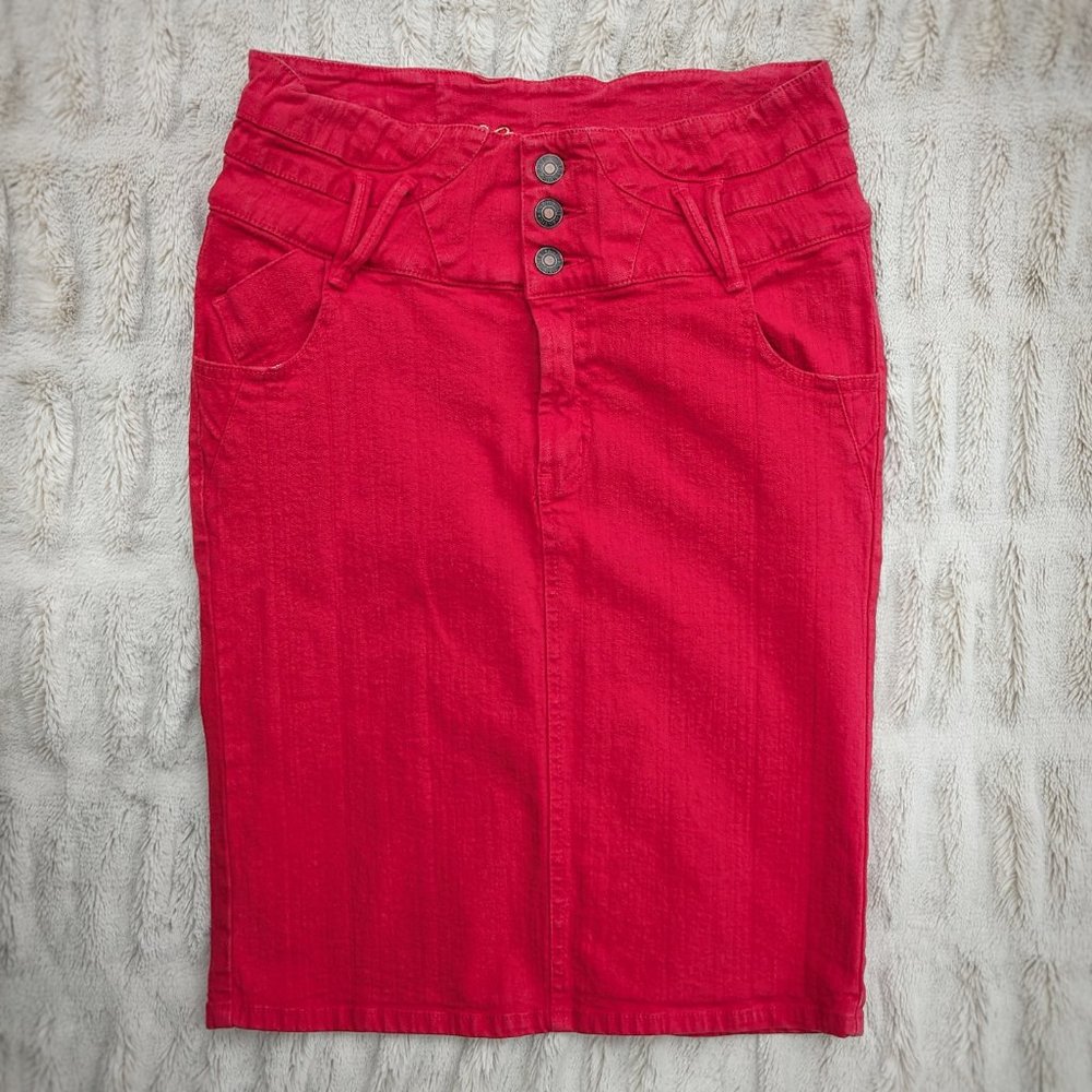 Colombia Jeans Red Denim Pencil Hi-Waist 3 Button Jeans Skirt, Sz. M / L